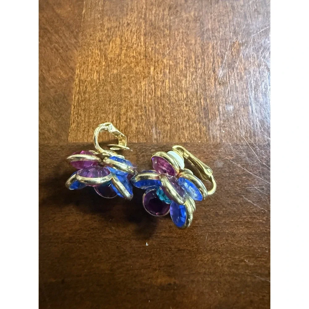 Vtg Multicolor Flower Clip On Earrings Gold Tone Faceted Glass Mod Statement‎